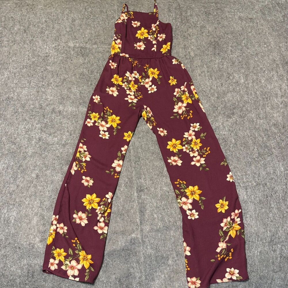 Xhilaration Floral Jumpsuit XS Maroon Burgundy Boho Smocked Wide Leg Romper